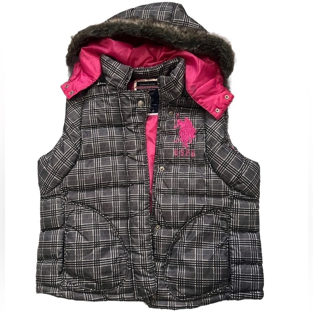 US Polo Assn. Plaid Puffer Vest Hooded Faux Fur NWOT L Pink/Black - Picture 4 of 9